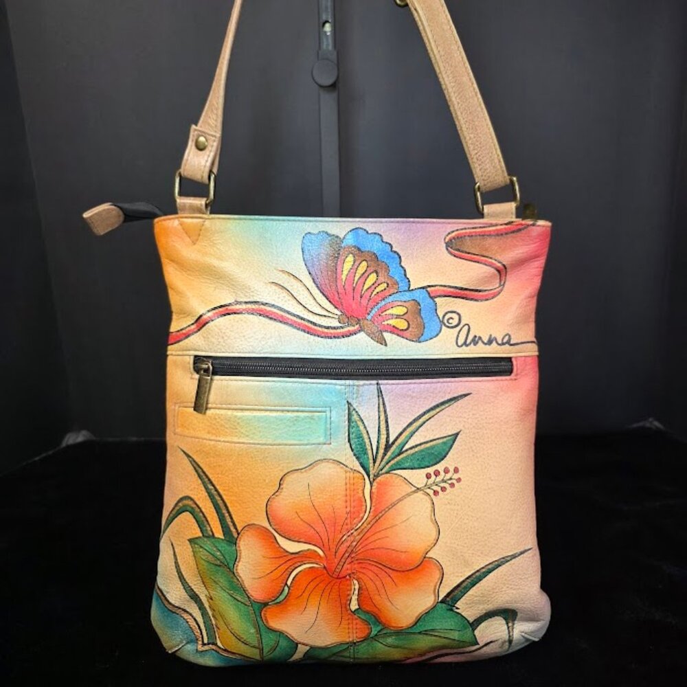 Anna by Anuschka Slim Crossbody Leather Shoulder Bag Hibiscus Butterflies